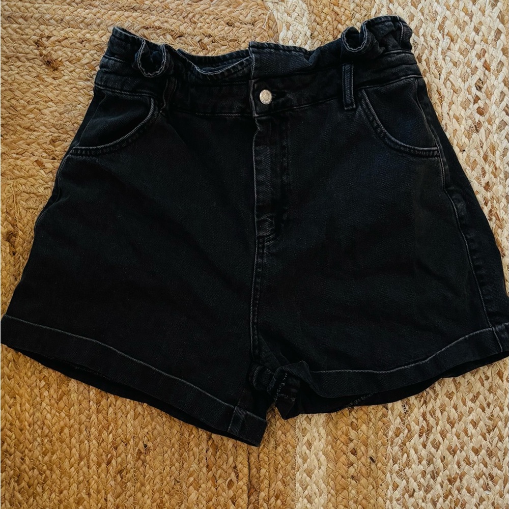 Topshop Black High Waist Denim Paperbag Shorts